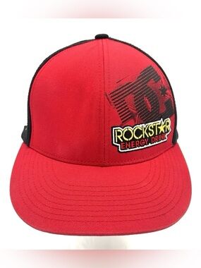 DC Shoes x Rockstar Energy Trucker Hat Snapback Red Black Mesh Cap Y2K Vintage